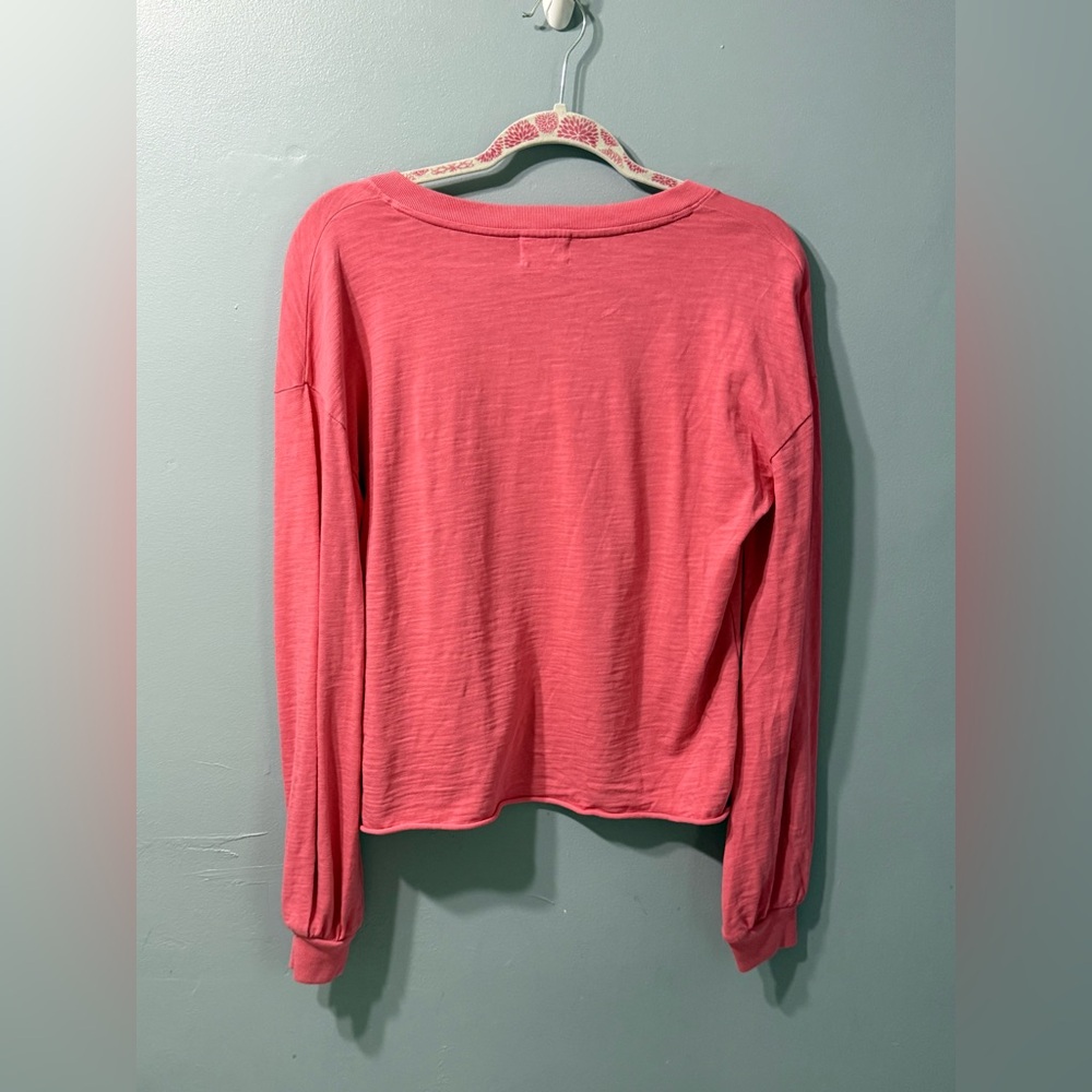 Nation LTD V-Neck Pink Long Sleeve Top Womens XS Cotton Slub Raw Hem Peru - Picture 2 of 7